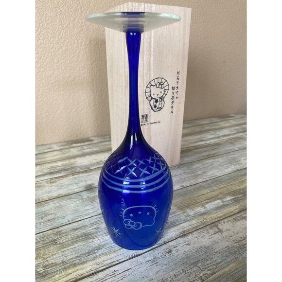 Hello Kitty Edo Kiriko Cobalt Blue Cut Glass w/ Wooden Box Sanrio Japan 2017 - Picture 8 of 12